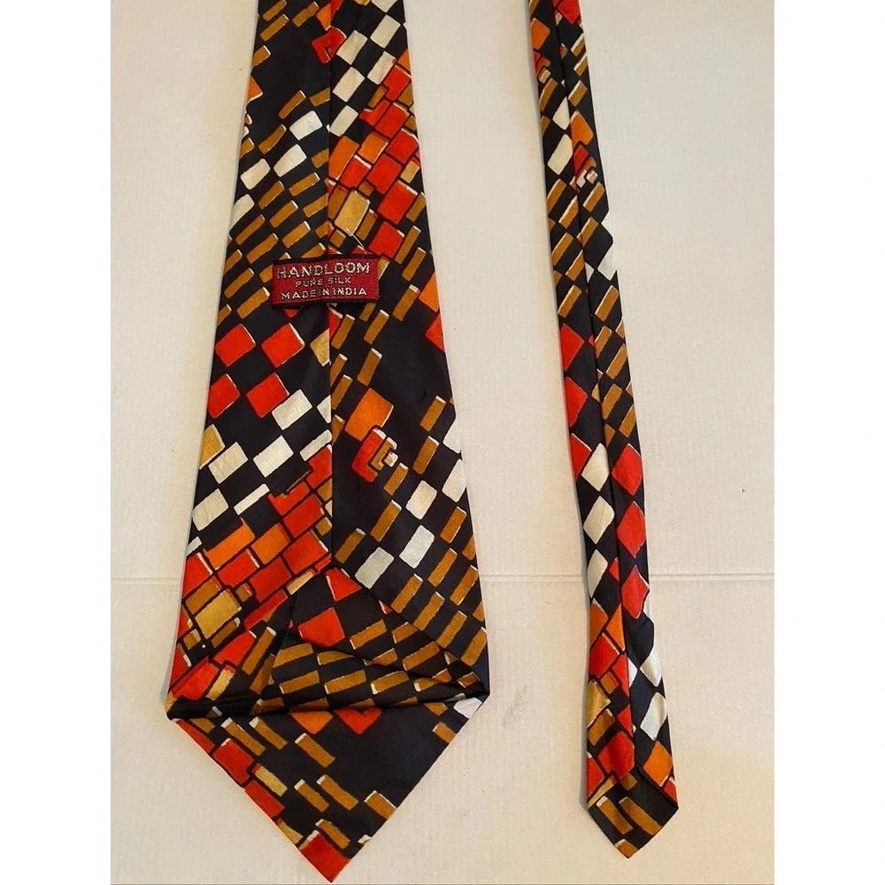 Handloom Pure Silk Tie Mens Geometric Block Pattern Red Orange Black India Made